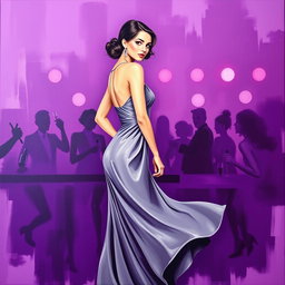 A minimalist painting featuring a woman in a flowing gray dress at a vibrant purple bar party