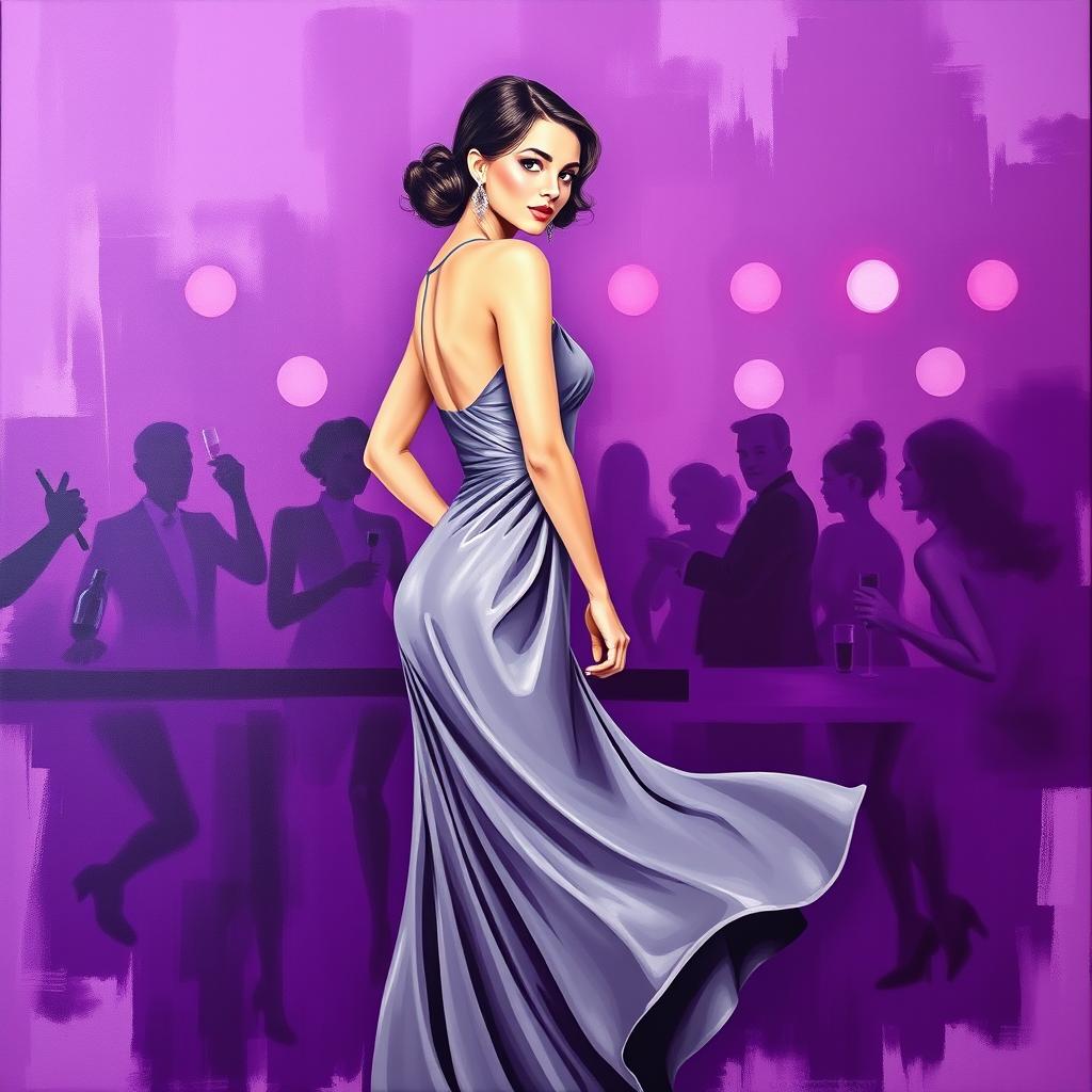 A minimalist painting featuring a woman in a flowing gray dress at a vibrant purple bar party