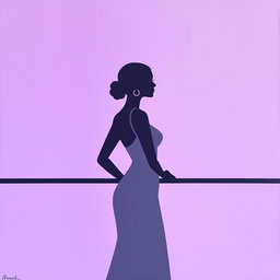 A very simple minimalist painting of a woman wearing a gray dress at a purple bar party