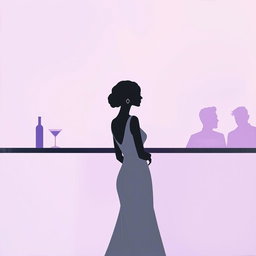 A very simple minimalist painting of a woman wearing a gray dress at a purple bar party