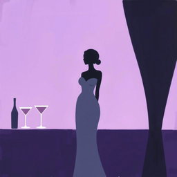 A very simple minimalist painting of a woman wearing a gray dress at a purple bar party