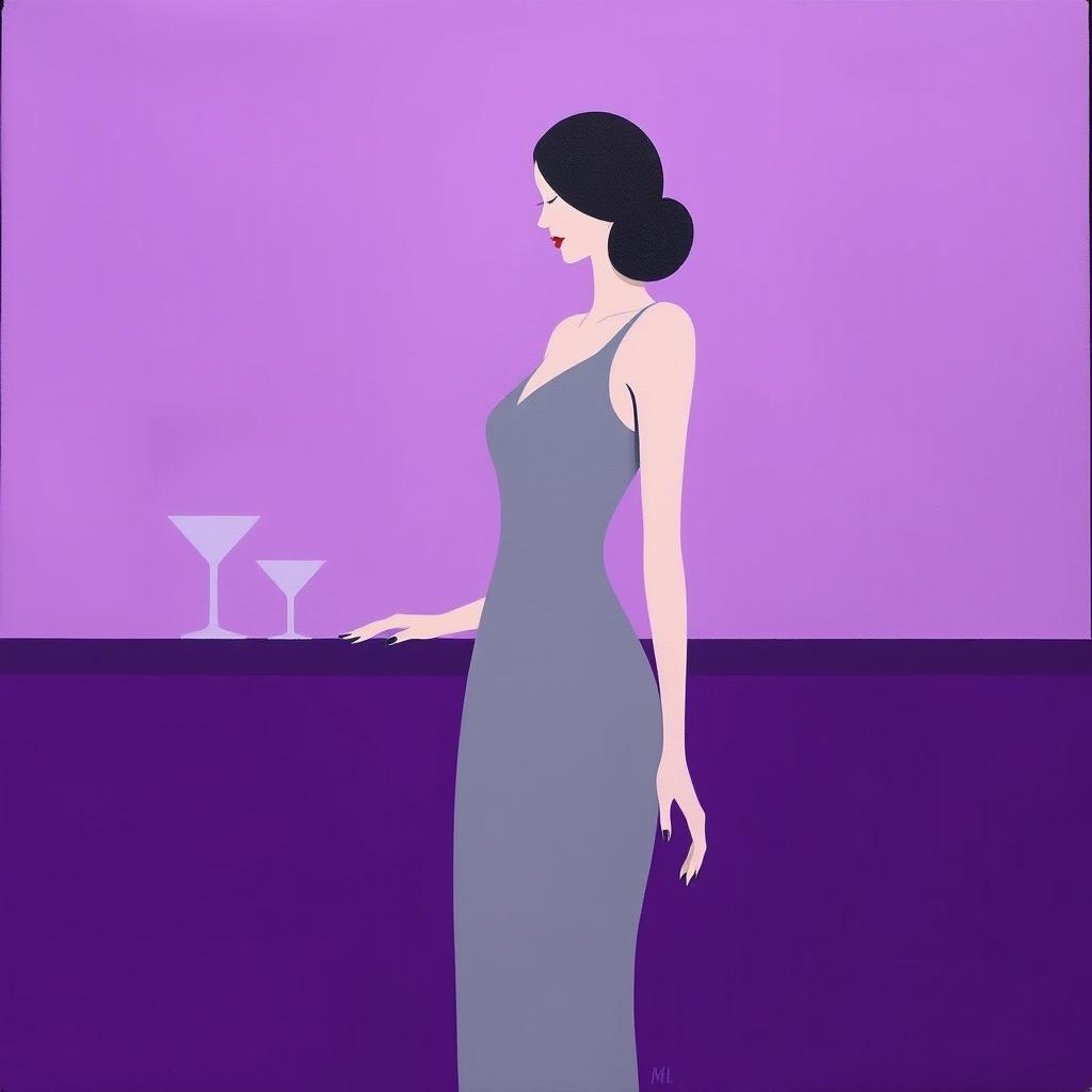 A very simple minimalist painting of a woman wearing a gray dress at a purple bar party