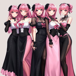 A captivating scene featuring four realistic sexy gothic anime maid/slave girls, each with a flustered subtle smile and a light blush on their cheeks