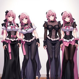 A captivating scene featuring four realistic sexy gothic anime maid/slave girls, each with a flustered subtle smile and a light blush on their cheeks