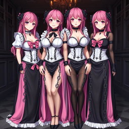 A captivating scene featuring four realistic sexy gothic anime maid/slave girls, each with a flustered subtle smile and a light blush on their cheeks