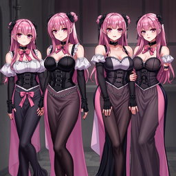 A captivating scene featuring four realistic sexy gothic anime maid/slave girls, each with a flustered subtle smile and a light blush on their cheeks