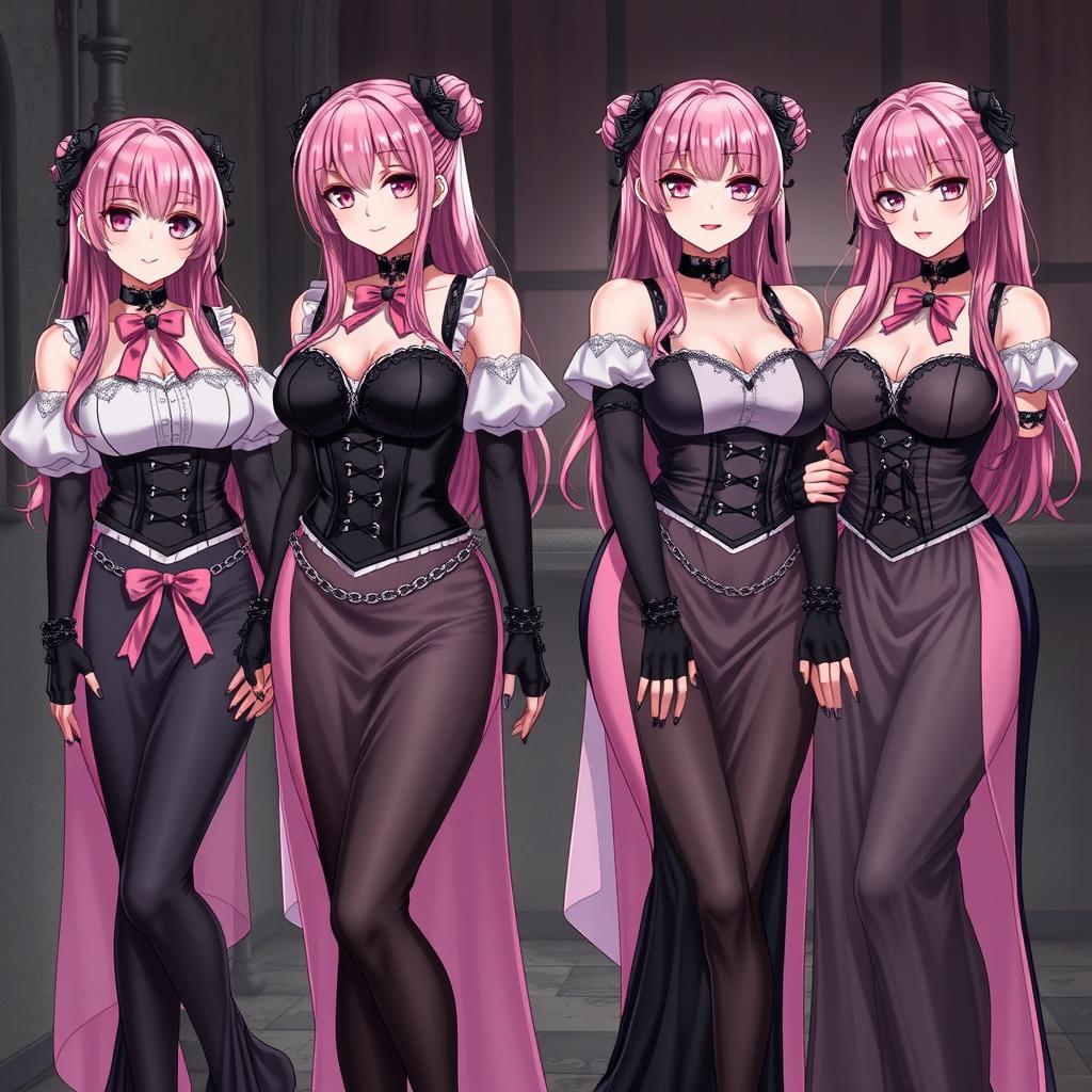 A captivating scene featuring four realistic sexy gothic anime maid/slave girls, each with a flustered subtle smile and a light blush on their cheeks