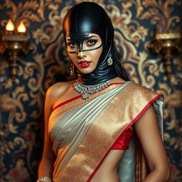 A hot Indian sexy girl elegantly adorned in a luxurious saree that accentuates her slim figure, with her striking face partially obscured by a snug latex rubber balaclava that adds an edgy twist to her traditional attire