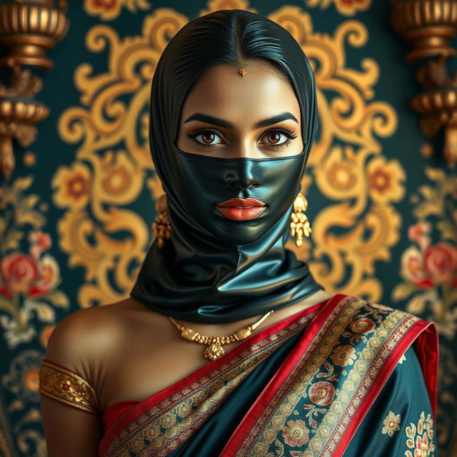 A hot Indian sexy girl elegantly adorned in a luxurious saree that accentuates her slim figure, with her striking face partially obscured by a snug latex rubber balaclava that adds an edgy twist to her traditional attire