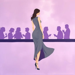A minimalist and very simple painting depicting a woman in a gray dress at a purple bar party