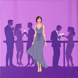 A minimalist and very simple painting depicting a woman in a gray dress at a purple bar party