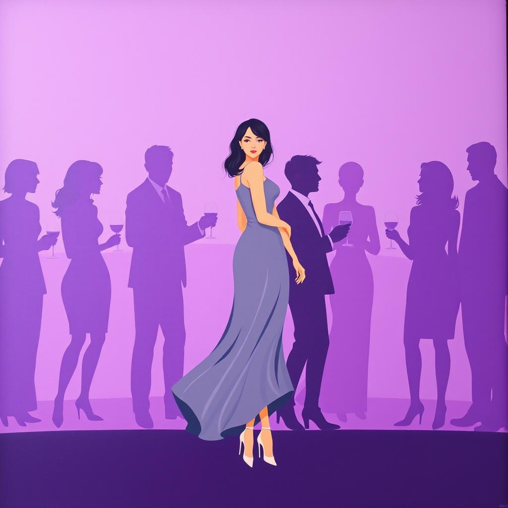 A minimalist and very simple painting depicting a woman in a gray dress at a purple bar party