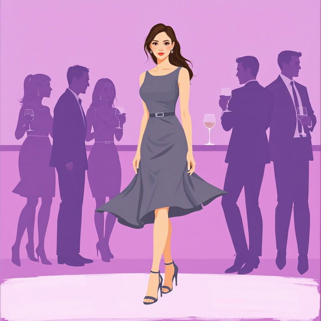 A minimalist and very simple painting depicting a woman in a gray dress at a purple bar party