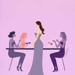A minimalist and very simple painting of a woman in a gray dress at a purple bar party