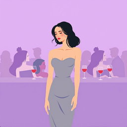 A minimalist and very simple painting of a woman in a gray dress at a purple bar party