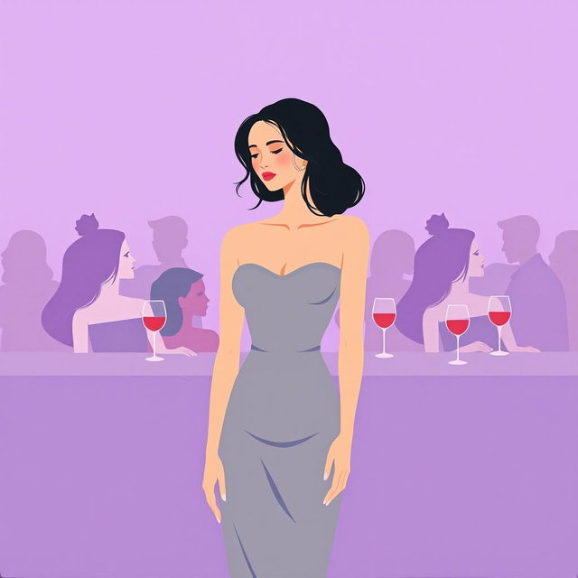 A minimalist and very simple painting of a woman in a gray dress at a purple bar party