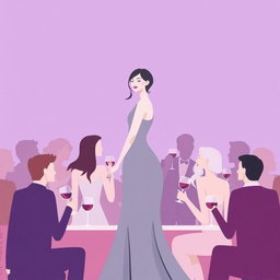 A minimalist and very simple painting of a woman in a gray dress at a purple bar party