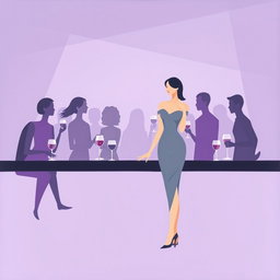 A minimalist and very simple painting of a woman in a gray dress at a purple bar party