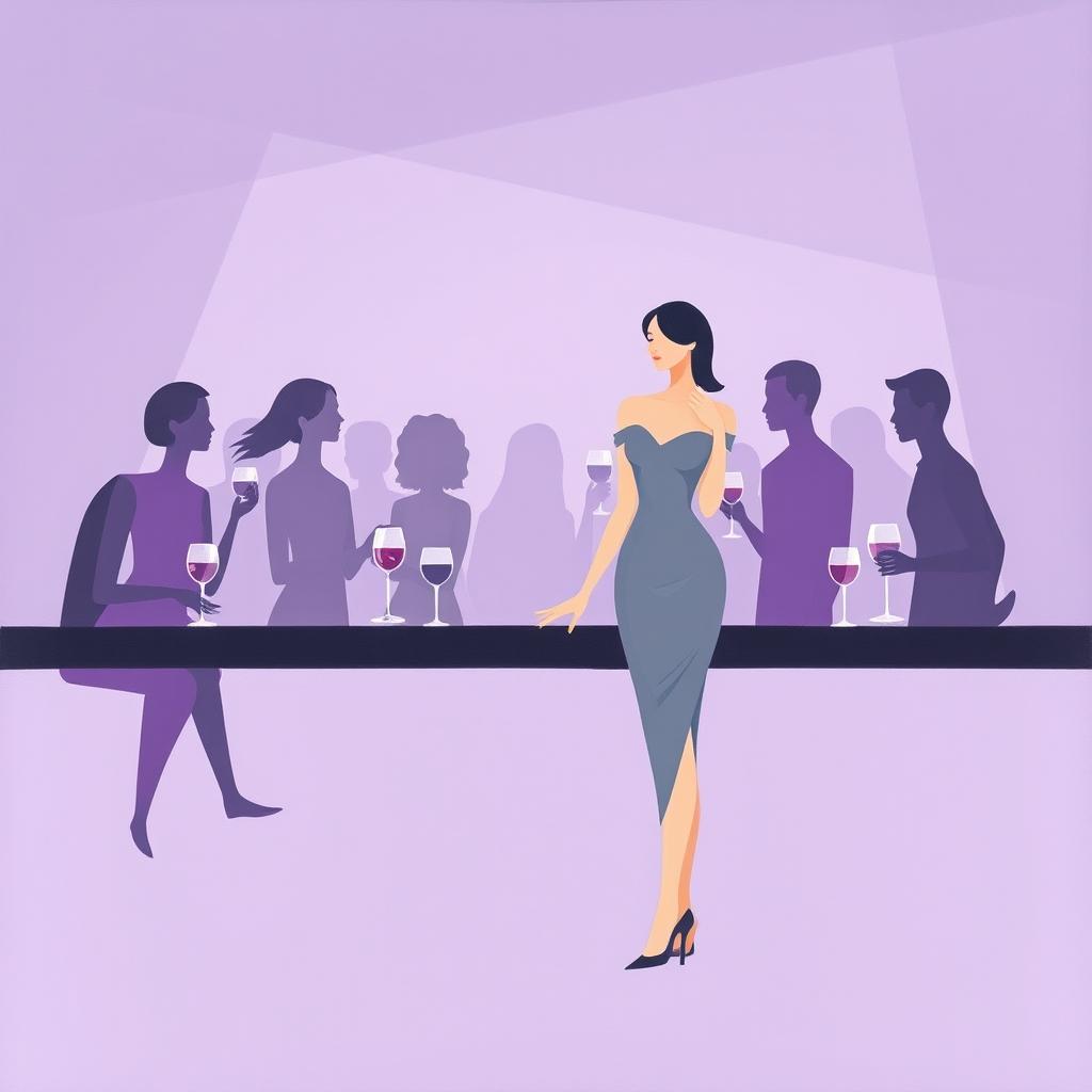 A minimalist and very simple painting of a woman in a gray dress at a purple bar party