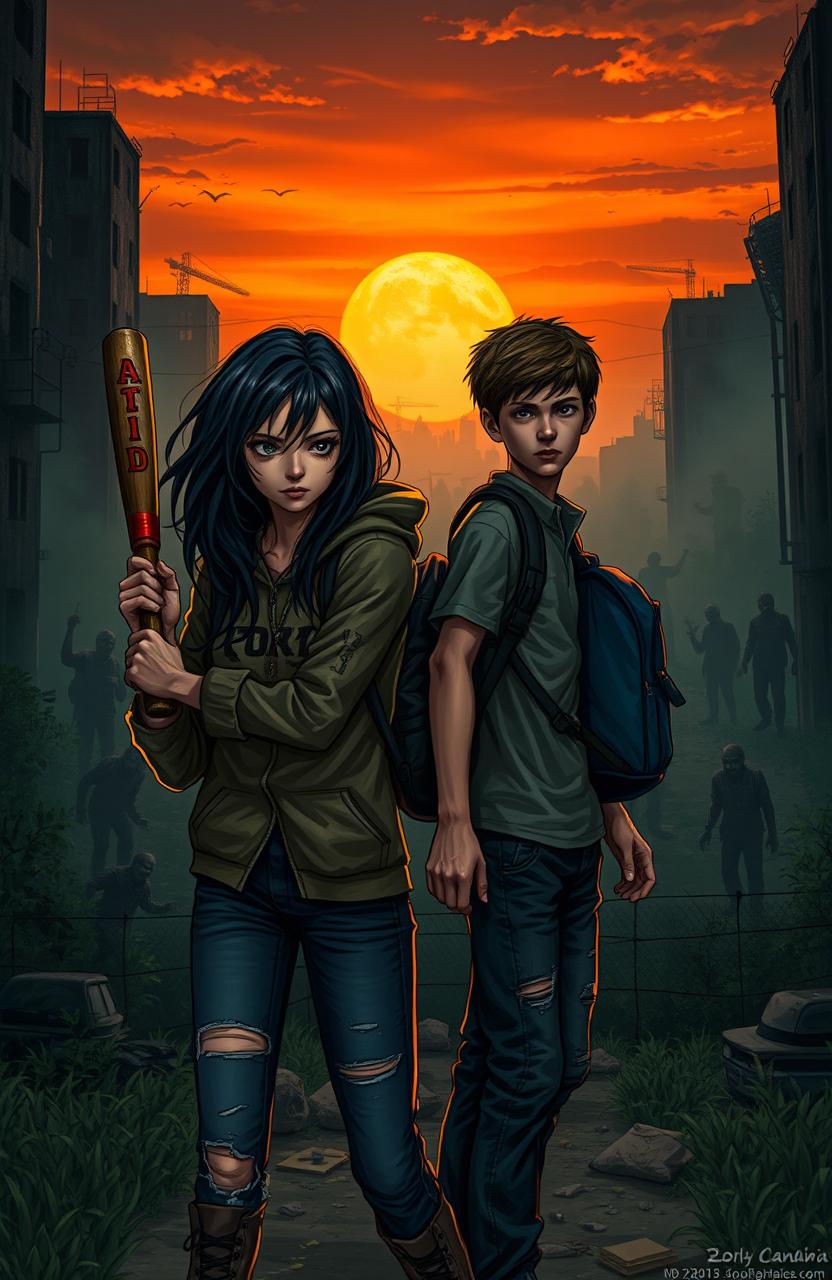 A dramatic scene depicting two teenagers in a post-apocalyptic zombie world