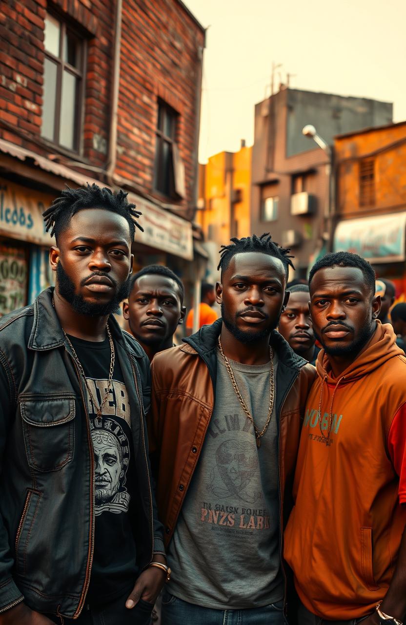 A powerful and evocative scene depicting black men in an urban slum setting