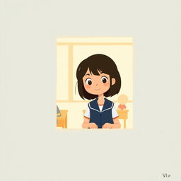 A minimalist and very simple painting of a high school girl peeking through the classroom window