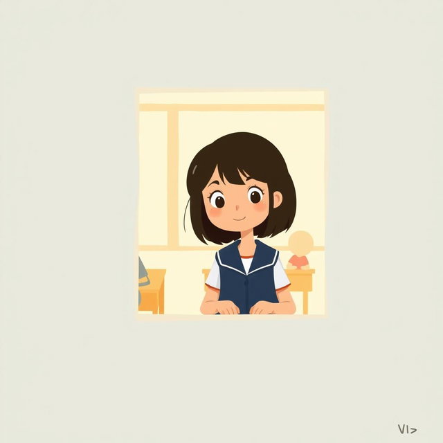 A minimalist and very simple painting of a high school girl peeking through the classroom window