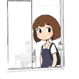 A minimalist and very simple painting of a high school girl peeking through the classroom window
