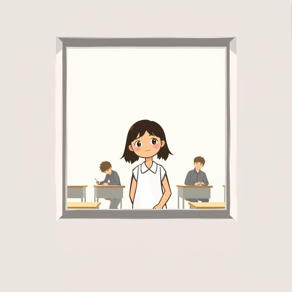 A minimalist and very simple painting of a high school girl peeking through the classroom window