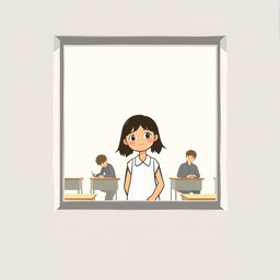 A minimalist and very simple painting of a high school girl peeking through the classroom window