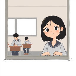 A minimalist and very simple painting of a high school girl peeking through the classroom window