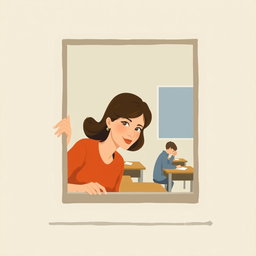 A minimalist and very simple painting of a woman peeking through a classroom window