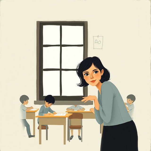 A minimalist and very simple painting of a woman peeking through a classroom window