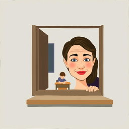A minimalist and very simple painting of a woman peeking through a classroom window