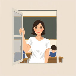 A minimalist and very simple painting of a woman peeking through a classroom window