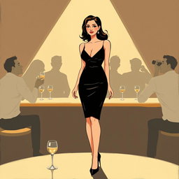 A minimalist and very simple painting of a dressed woman at a bar party