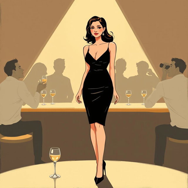 A minimalist and very simple painting of a dressed woman at a bar party