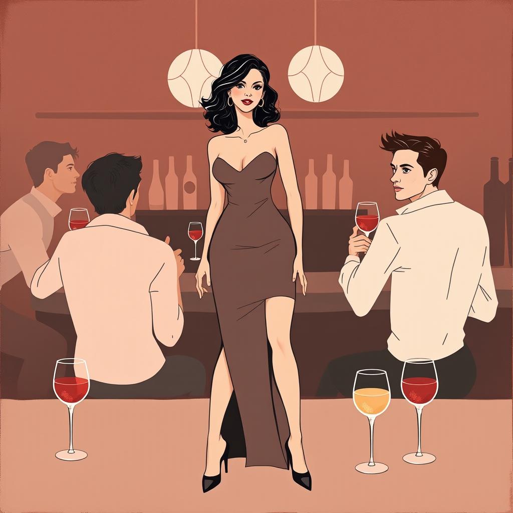 A minimalist and very simple painting of a dressed woman at a bar party