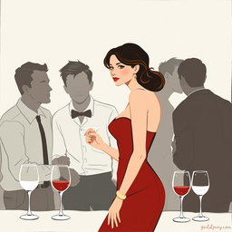A minimalist and very simple painting of a dressed woman at a bar party