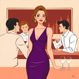 A minimalist and very simple painting of a dressed woman at a bar party