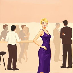A minimalist and very simple painting of a woman dressed in a purple outfit at a bar party