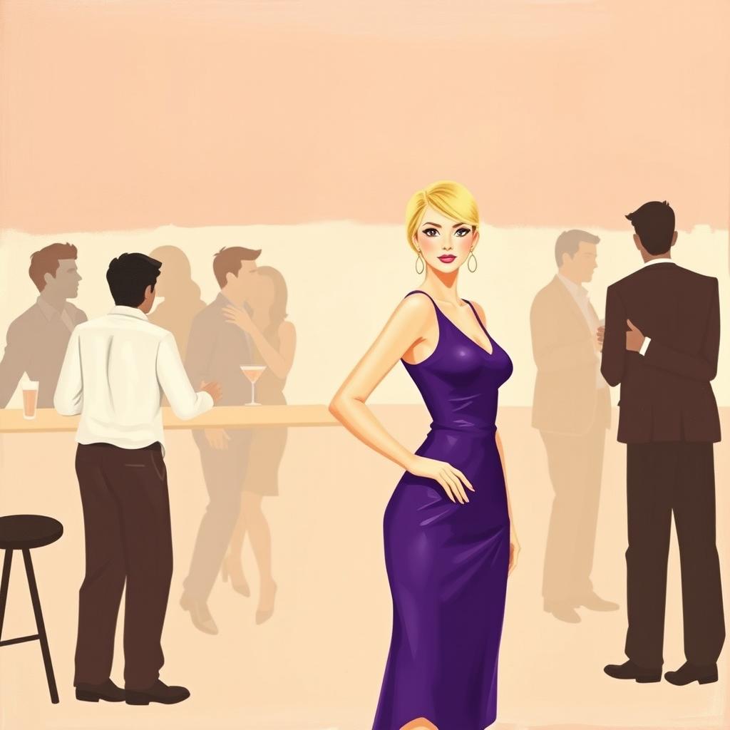 A minimalist and very simple painting of a woman dressed in a purple outfit at a bar party