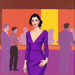 A minimalist and very simple painting of a woman dressed in a purple outfit at a bar party