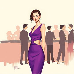 A minimalist and very simple painting of a woman dressed in a purple outfit at a bar party