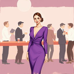 A minimalist and very simple painting of a woman dressed in a purple outfit at a bar party