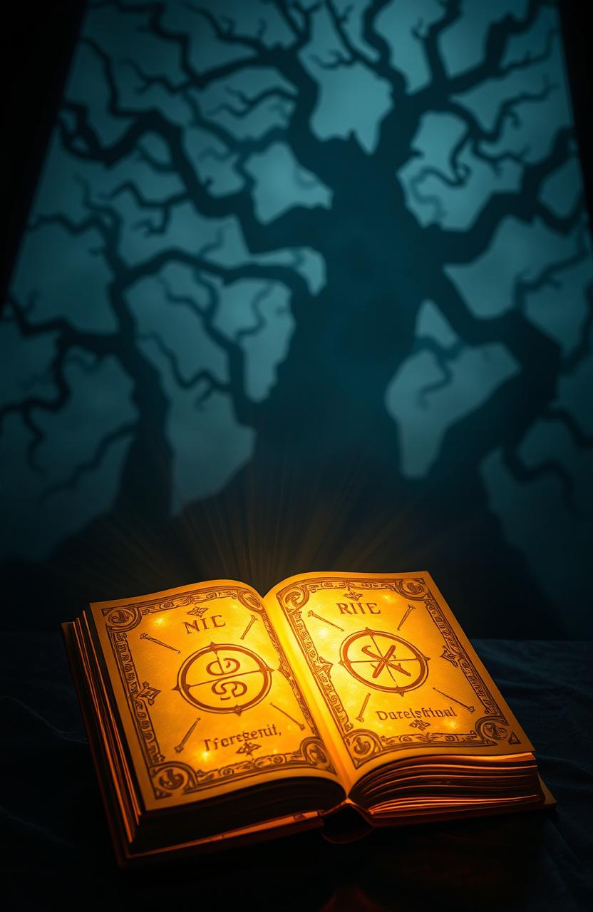 A magical book glowing with an ethereal light, casting a warm illumination in the dim environment