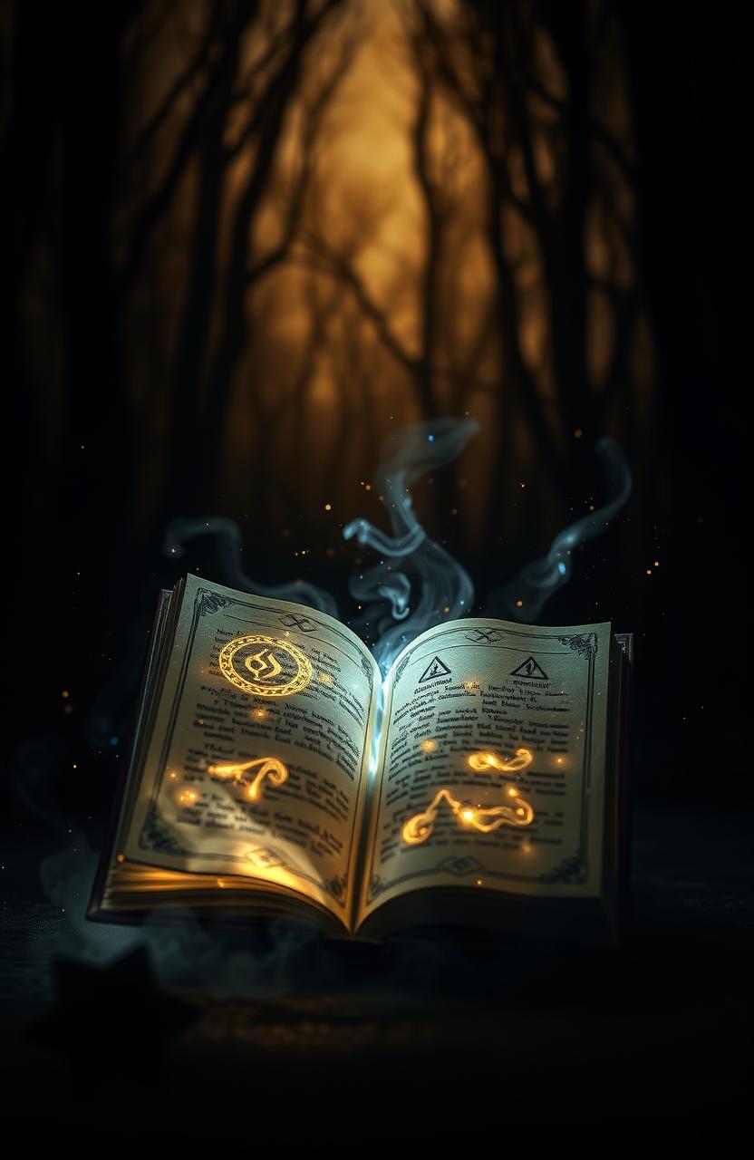 A mystical, glowing book filled with ancient symbols and shimmering light effects, set against a backdrop of a mysterious dark silhouette representing an enchanted forest