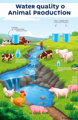 A scientific illustration depicting the impacts of water quality on animal production, featuring a farm landscape with healthy livestock like cows, chickens, and pigs thriving near clean water sources