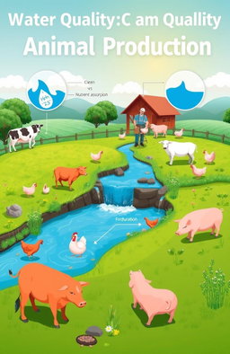 A scientific illustration depicting the impacts of water quality on animal production, featuring a farm landscape with healthy livestock like cows, chickens, and pigs thriving near clean water sources