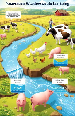 A scientific illustration depicting the impacts of water quality on animal production, featuring a farm landscape with healthy livestock like cows, chickens, and pigs thriving near clean water sources